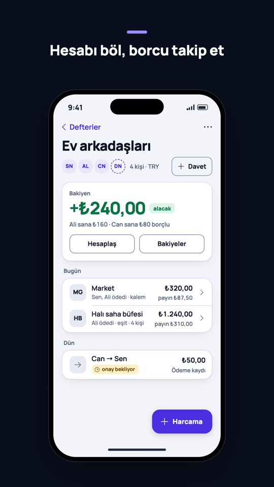 Palbox'ta Ev arkadaşları defteri: bakiye +240 TL alacak, Market ve Halı saha büfesi harcamaları, onay bekleyen bir ödeme